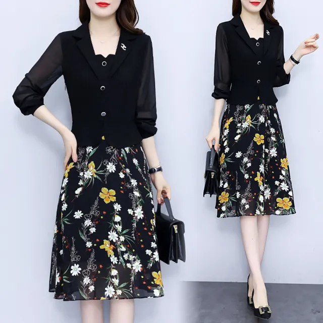 【麗質達人】5255黑色印花雪紡洋裝-AA (L-5XL)