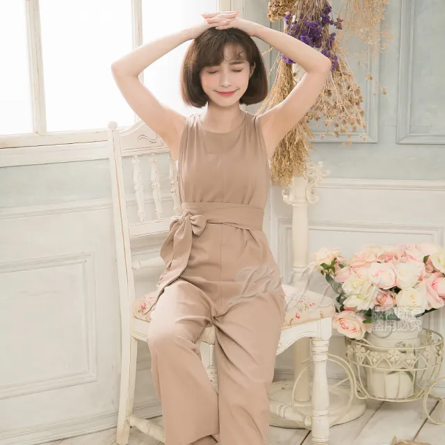 【lingling】純色無袖綁帶連身寬褲裝 女裝連身褲裝(PA4113-共2色)