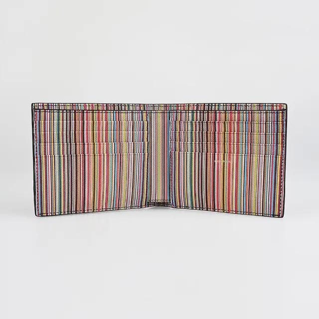 【Paul Smith】PAUL SMITH 燙金LOGO牛皮搭配羊皮8卡短夾(深藍x經典條紋)