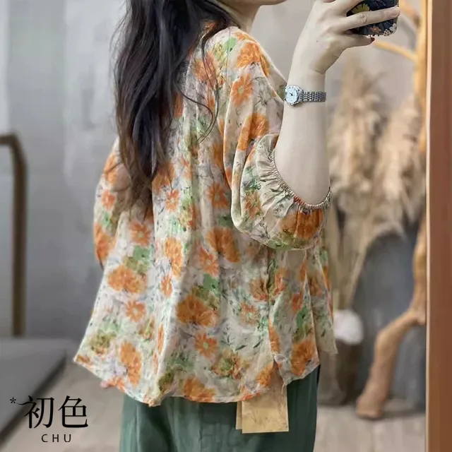 【初色】復古印花輕薄寬鬆木耳邊排扣七分長袖襯衫上衣女上衣-橘色-15174(L-5XL可選)