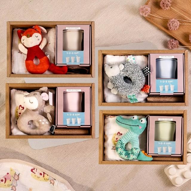 【Qbibiya】MOMO獨家-俏皮小禮盒-Laban聯名款-愛喝水水杯+手搖鈴+萬用巾(滿月彌月新生兒生日禮)