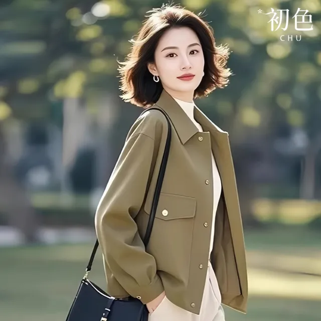 【初色】簡約純色翻領排扣口袋長袖外套女外套-綠色-15186(M-3XL可選)