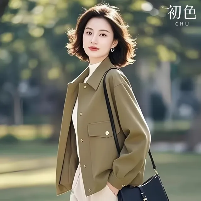 【初色】簡約純色翻領排扣口袋長袖外套女外套-綠色-15186(M-3XL可選)