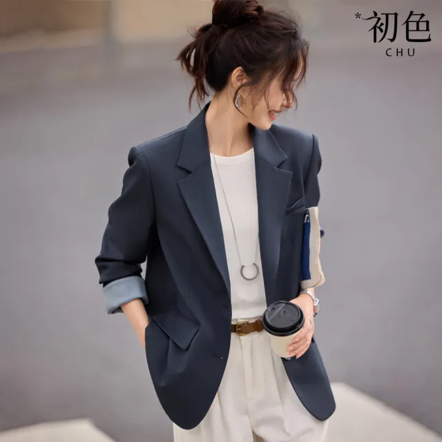 【初色】韓系通勤風撞色顯瘦正肩長袖正裝西裝外套女外套-藍色-15108(M-2XL可選)