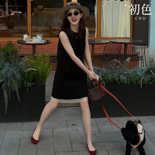 【初色】法式赫本風顯瘦拼接網紗圓領無袖中長連衣裙連身洋裝長洋裝-黑色-15256(M-XL可選)