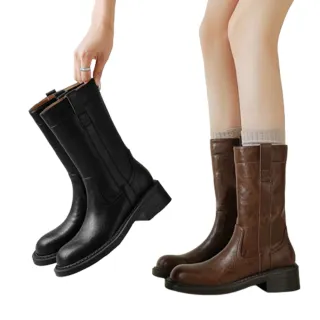 【JP Queen New York】百搭韓系秋冬真牛皮煙筒粗跟中筒靴(2色可選)