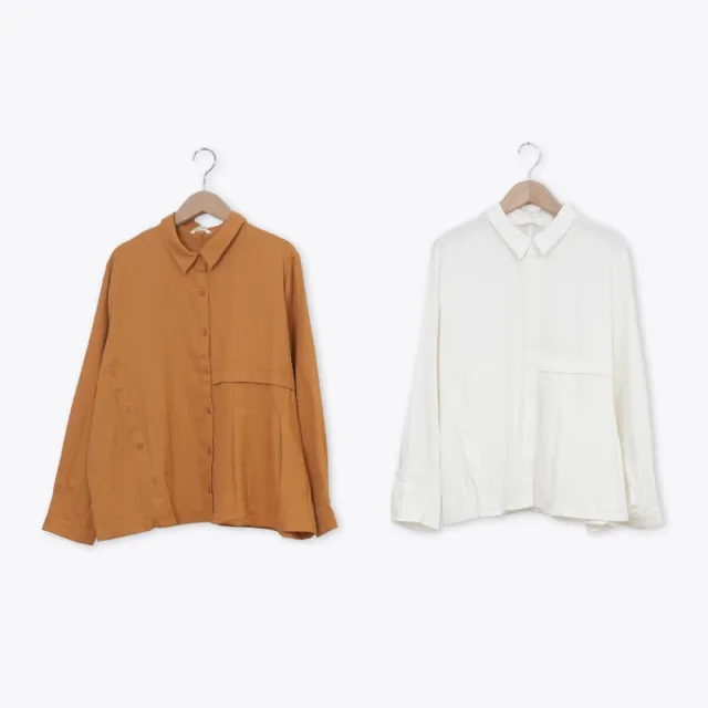 【MOSS CLUB】全棉抓摺裝飾門襟開襟長袖襯衫(白 桔)