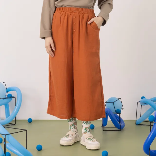 【MOSS CLUB】裝飾釦子素面寬褲(白 綠 桔)