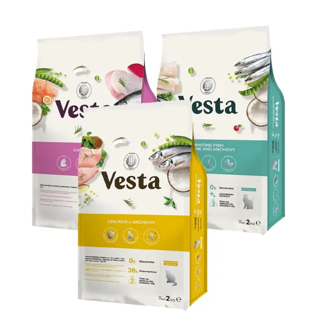 【Vesta 維斯塔】無穀皮毛保健配方 2kg 成幼貓雞+魚/成貓三種魚/老貓雞肉(皮毛保健 無穀 幼貓 成貓 熟齡貓)