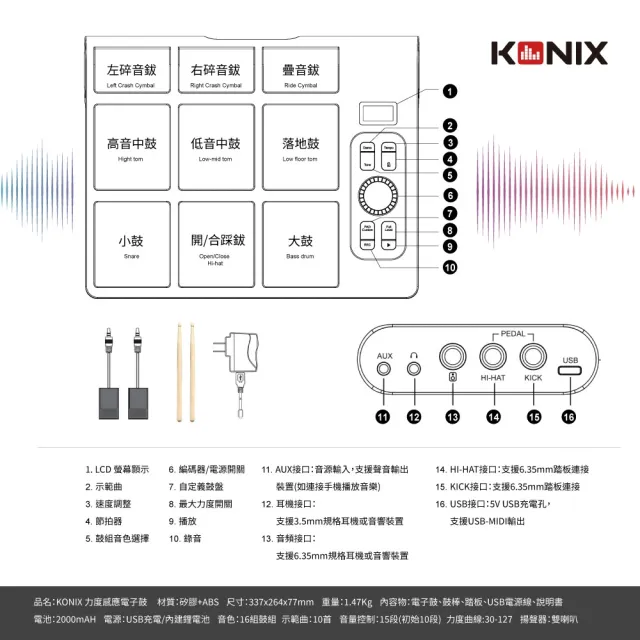 【Konix】力度感應電子鼓(行動爵士鼓組 攜帶型電子鼓)