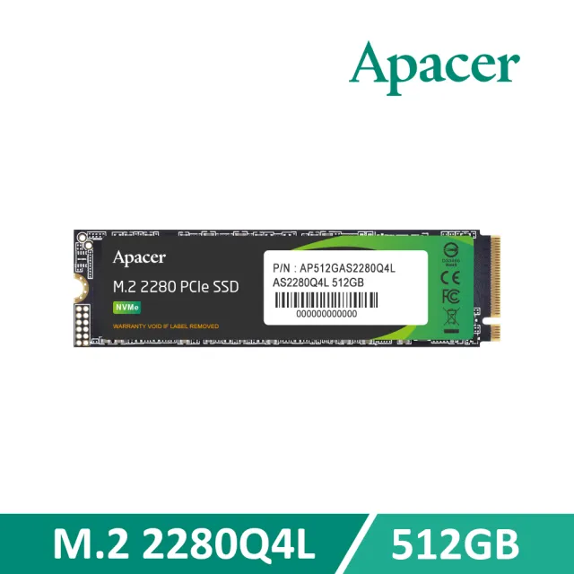 【Apacer 宇瞻】AS2280Q4L M.2 PCIe 512GB Gen4x4 固態硬碟