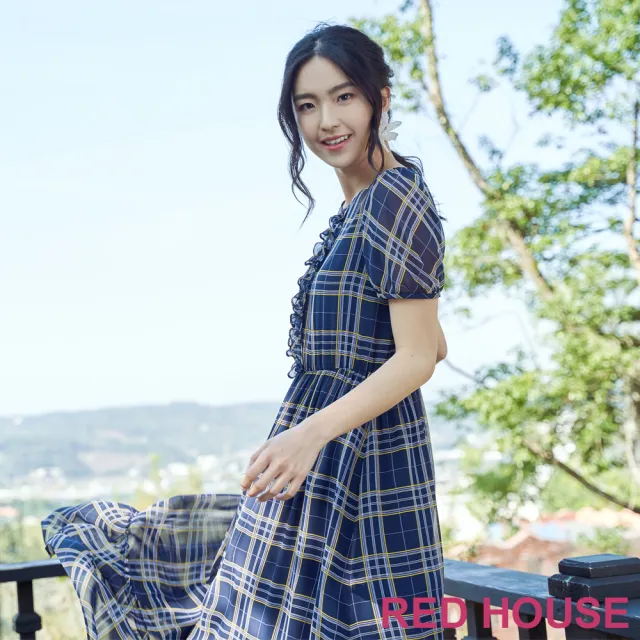 【RED HOUSE 蕾赫斯】甜美荷葉邊格紋印花長洋裝(桃色)