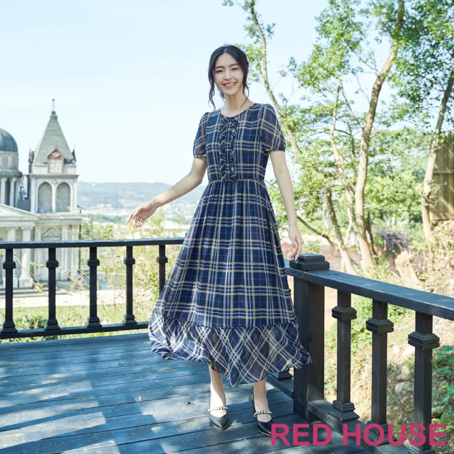 【RED HOUSE 蕾赫斯】甜美荷葉邊格紋印花長洋裝(桃色)