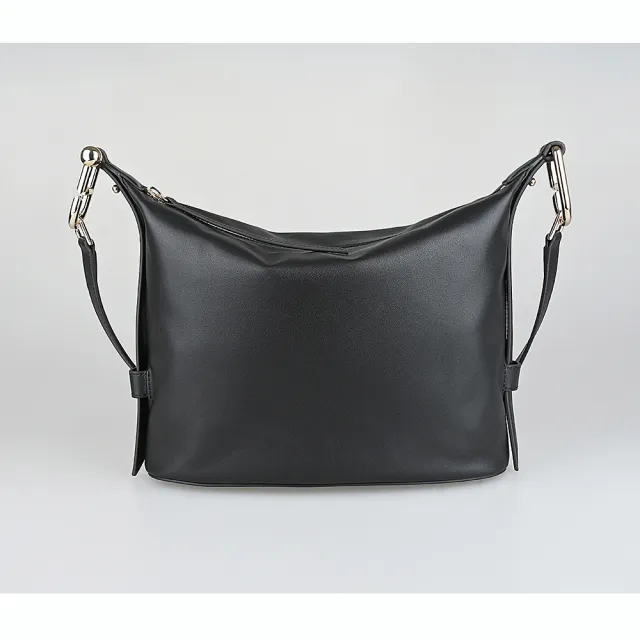 【FURLA 芙拉】FURLA Nuvola燙印金字LOGO小牛皮拉鍊手提/肩背/斜背三用流浪包(中/黑)