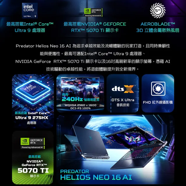 【Acer 宏碁】16吋Ultra 9 RTX5070Ti電競筆電(Predator/PHN16-73-965Q/Ultra 9 275HX/16G/512GB/W11)