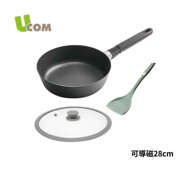 【瑞康屋UCOM】丹麥Squality可導磁輕鑄鍋28cm灰(+矽膠玻璃蓋28cm+炫彩矽膠煎匙)