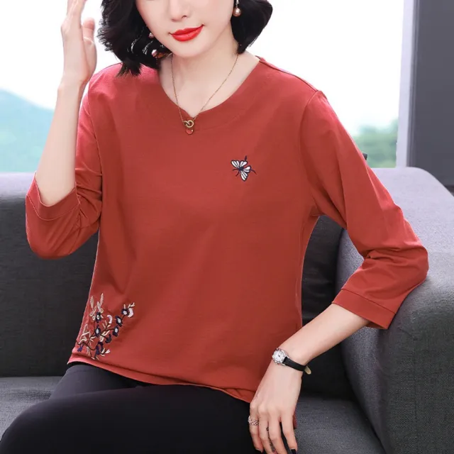 【巴黎精品】高級七分袖POLO衫寬鬆上衣針織衫簡大碼休閒大尺碼女裝百搭媽媽裝(蝴蝶繡花2色n1lq5)