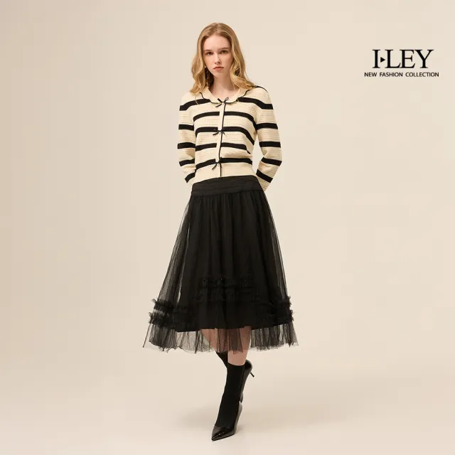 【ILEY 伊蕾】法式小荷葉網紗中長裙(黑；M-XL；1253072306)