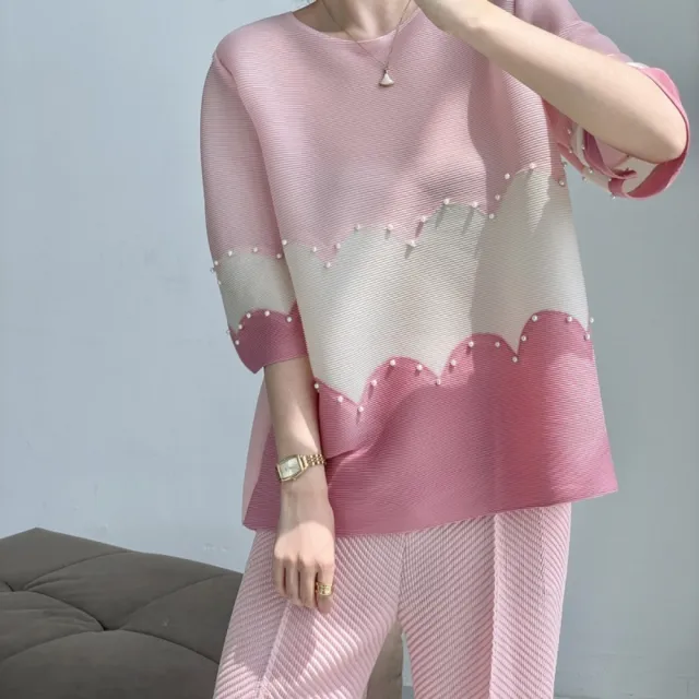 【巴黎精品】三宅風皺褶衣服褶皺上衣高級摺衣彈力女裝顯瘦折衣大碼(五分袖釘珠寬鬆T恤k1ab2)