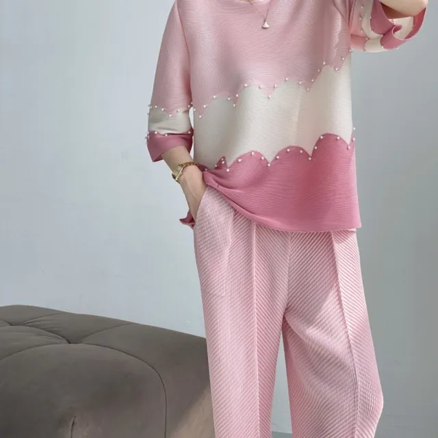 【巴黎精品】三宅風皺褶衣服褶皺上衣高級摺衣彈力女裝顯瘦折衣大碼(五分袖釘珠寬鬆T恤k1ab2)