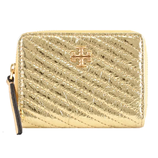 【TORY BURCH】經典雙T亮面揉製絎縫信用卡零錢包簡易短夾(金)