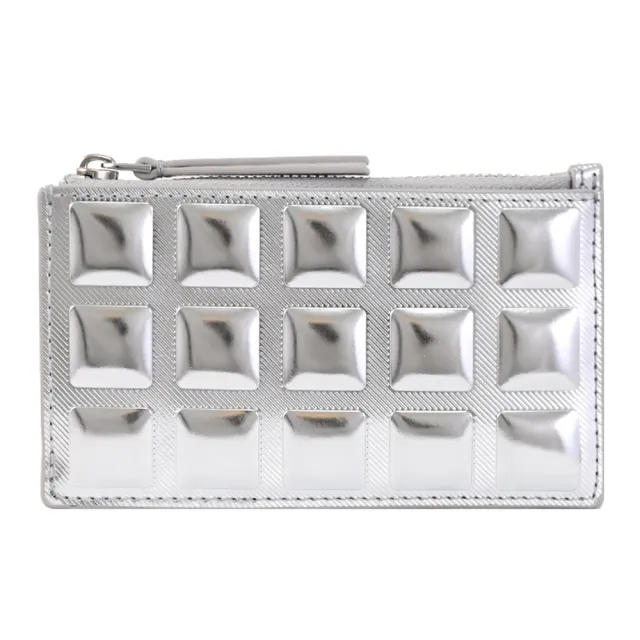 【TORY BURCH】經典雙立體方磚造型信用卡證件名片零錢包(亮銀)