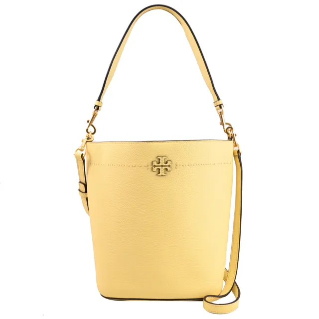 【TORY BURCH】簡約經典T LOGO荔枝皮革水桶包兩用包(淺黃)