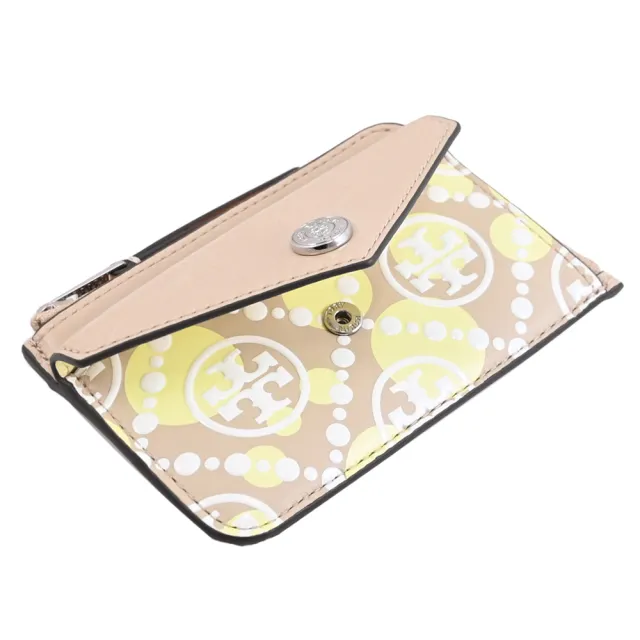 【TORY BURCH】經典雙T LOGO緹花皮革拼接信用卡證件零錢包(卡其)