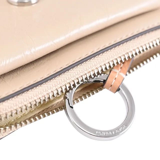 【TORY BURCH】經典雙T LOGO緹花皮革拼接信用卡證件零錢包(卡其)