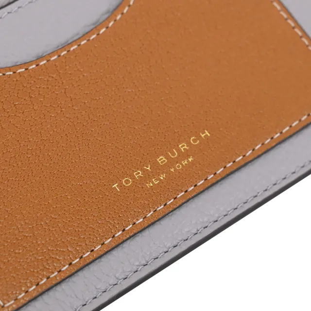 【TORY BURCH】經典烙印撞色皮革信用卡證件名片L型零錢包(灰/咖)