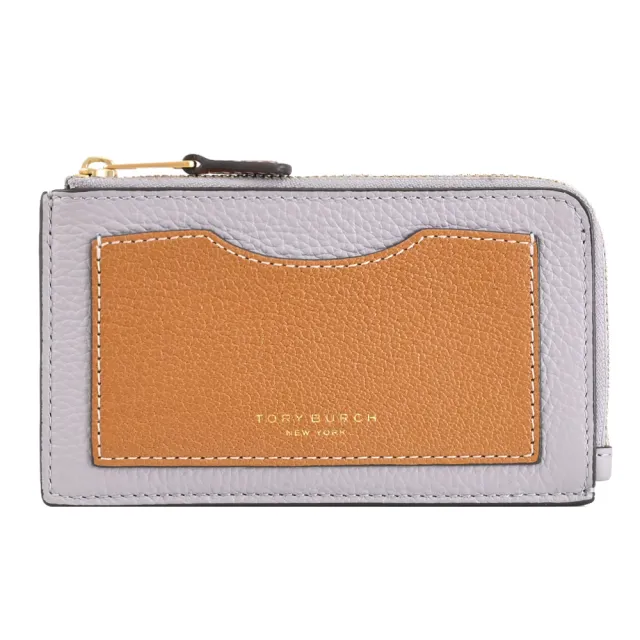 【TORY BURCH】經典烙印撞色皮革信用卡證件名片L型零錢包(灰/咖)