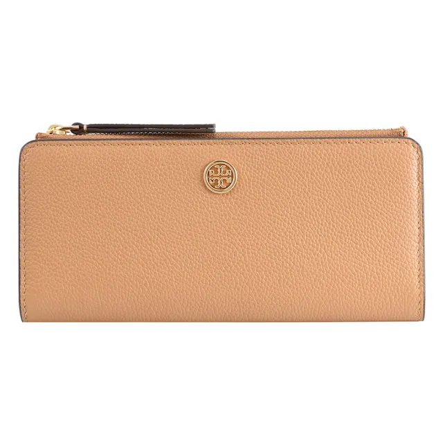 【TORY BURCH】簡約金屬雙T LOGO皮革扣式發財零錢長夾(淺咖)