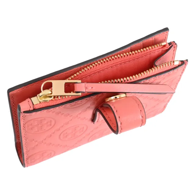 【TORY BURCH】金屬雙T經典LOGO壓紋皮革扣式零錢短夾(粉橘)