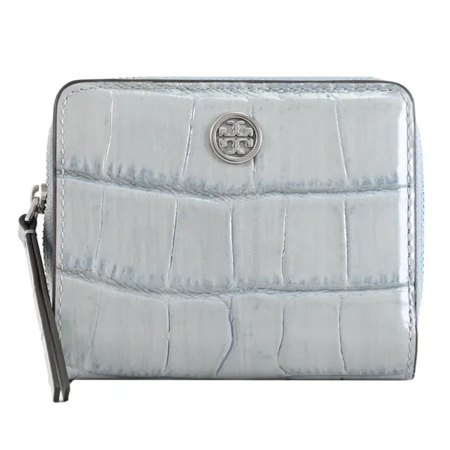 【TORY BURCH】金屬雙T LOGO鱷魚壓紋皮革扣式零錢短夾(淺藍綠)