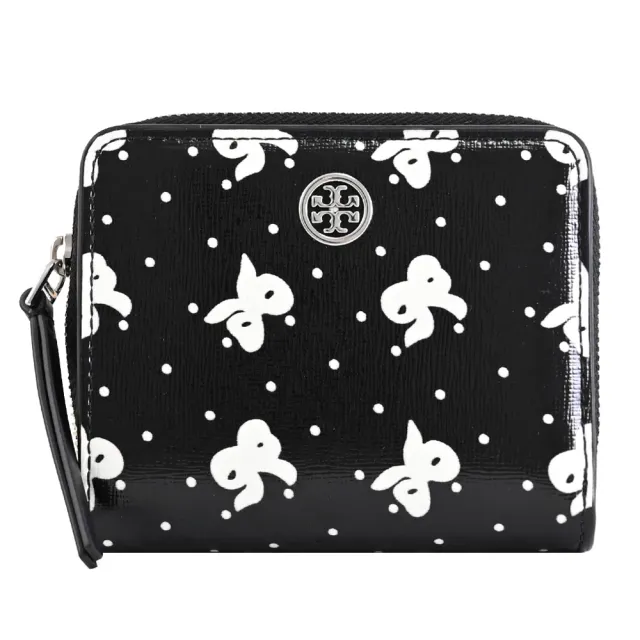 【TORY BURCH】金屬雙T蝴蝶結圓點壓紋皮革扣式零錢短夾(黑)