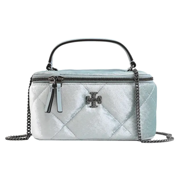【TORY BURCH】Kira 經典雙T水鑽LOGO天鵝絨化妝盒造型兩用包(淺藍綠)