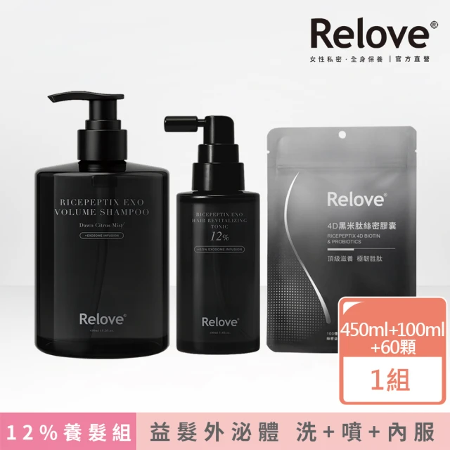 【Relove】黑泌肽12%外泌體養髮 洗噴膠囊3件組(洗髮精+12%養髮液+絲密膠囊60顆)
