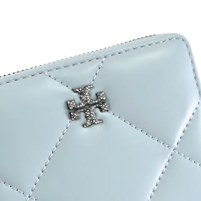 【TORY BURCH】經典雙T LOGO格紋信用卡零錢包簡易短夾(淡藍)