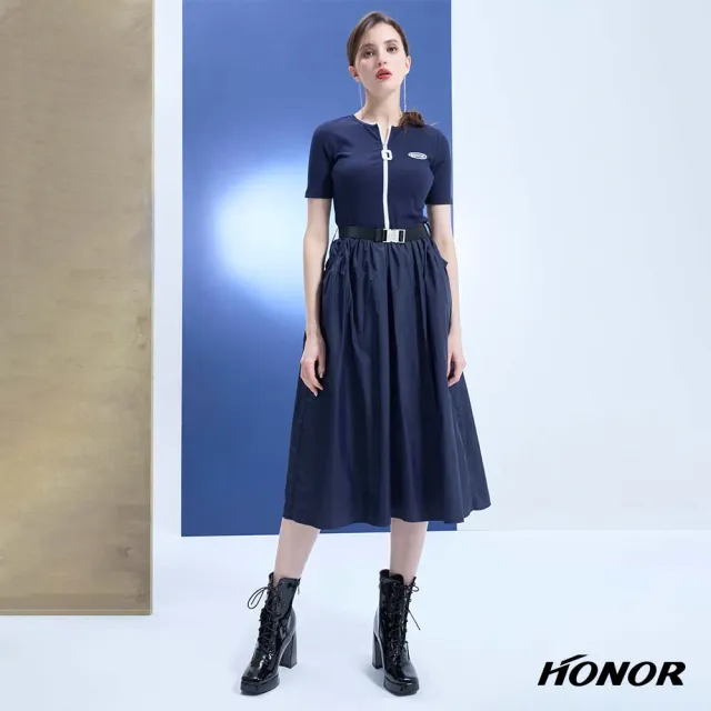 【HONOR 山形屋】出清品 時尚標誌拉鍊腰帶拼接短袖洋裝-藍(限定出清)