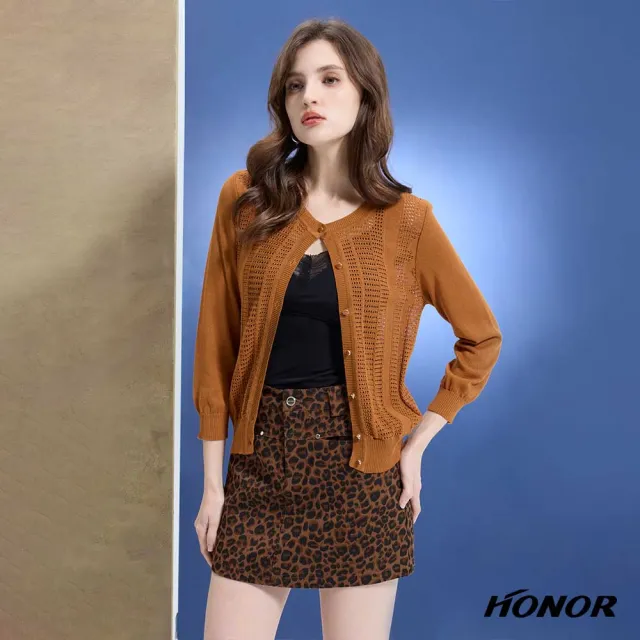 【HONOR 山形屋】出清品 圓領鏤空拼接針織外套-黑/棕(限定出清)