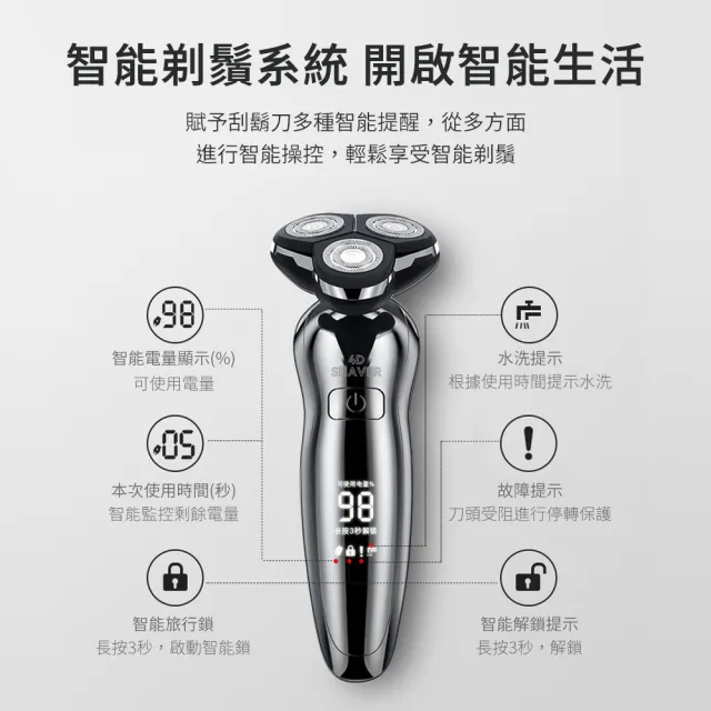 4D浮動智能電動刮鬍刀(離子電鍍工藝 獨力浮動三刀頭 德國設計 可水洗 鼻毛刀 鬢髮刀 洗臉刷 全配)