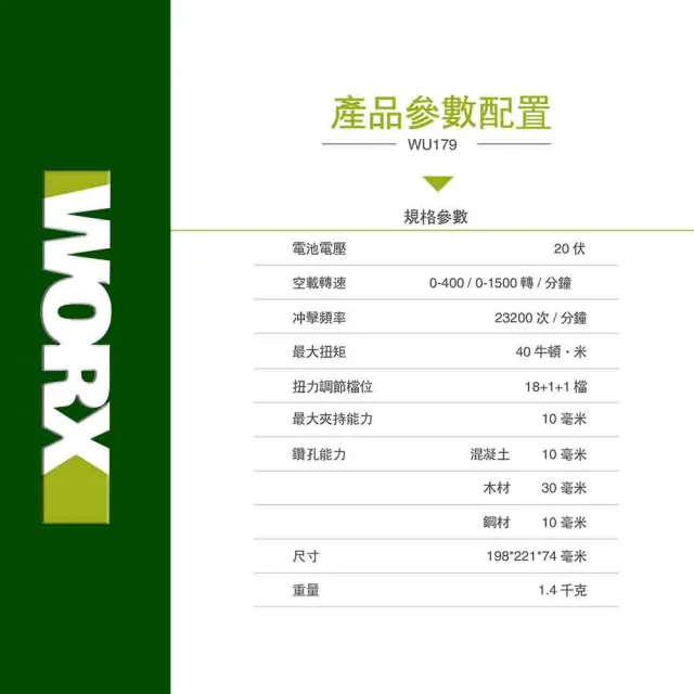【WORX 威克士】20V 鋰電 10mm 40N.m 衝擊鑽(WU179.9)