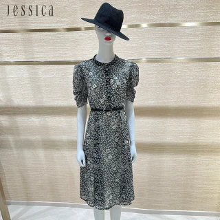 【JESSICA】法式優雅黑碎花短袖雪紡洋裝253751