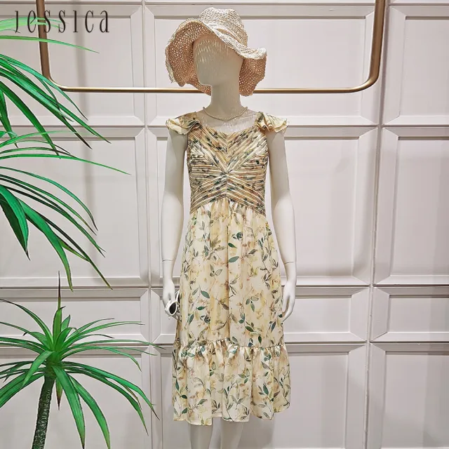 【JESSICA】法式浪漫印花雪紡收腰無袖洋裝253728