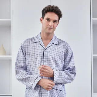 【La Felino 羅絲美】玩趣雲朵格100%棉夏季款國民領長袖褲裝睡衣(M5102)