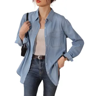 【CHACO】/預購/女 質感薄牛仔寬鬆排釦長袖上衣防曬衫襯衫外套#9236(牛仔 上衣 襯衫 長袖 女)