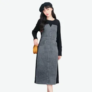【betty’s 貝蒂思】出清品  牛仔拼接口袋長袖洋裝(黑色)