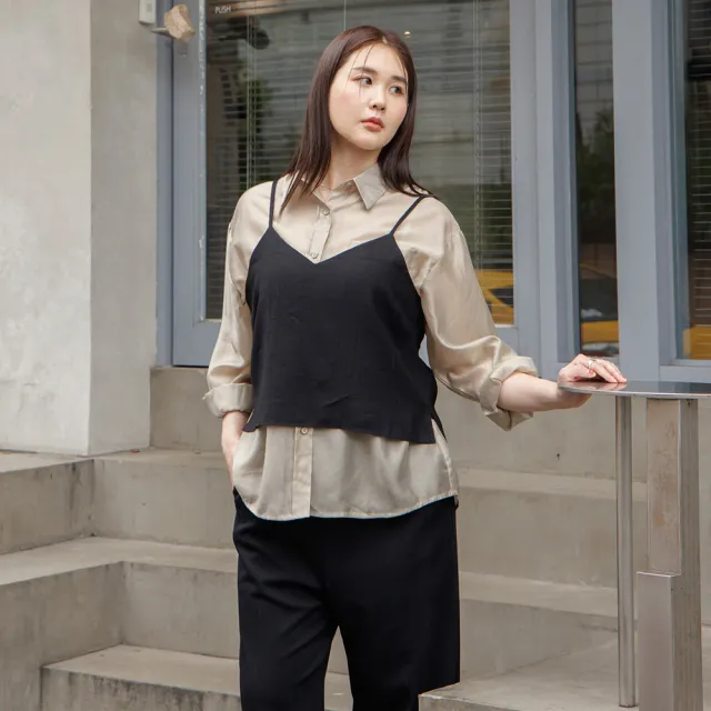【M：MINb】天絲透膚涼感襯衫(卡其/中大尺碼女裝/大尺碼女裝/XL女裝/涼感/上衣/透膚上衣)