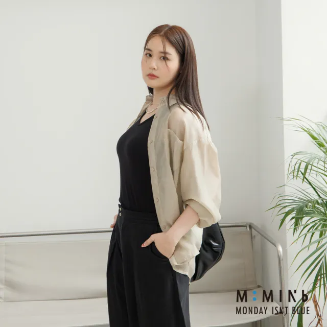 【M:MINb】天絲透膚涼感襯衫(卡其/中大尺碼女裝/大尺碼女裝/XL女裝/涼感/上衣/透膚上衣)