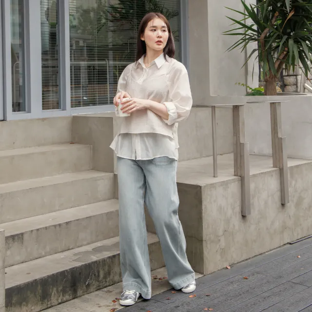 【M：MINb】天絲透膚涼感襯衫(米白/中大尺碼女裝/大尺碼女裝/XL女裝/涼感/上衣/透膚上衣)